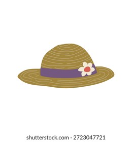 Um chapéu de sol de palha clássico com uma fita roxa e sotaque de flor branca, perfeito para reuniões ao ar livre, dias de praia ou passeios de jardim. Evoca sol quente, estilo relaxado e vibrações de férias.