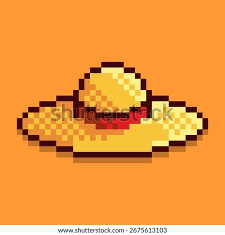 A Classic straw sun hat with a red ribbon, designed in a charming retro pixel art style. This 8-bit illustration is a perfect symbol for summer, vacation, and sunny days