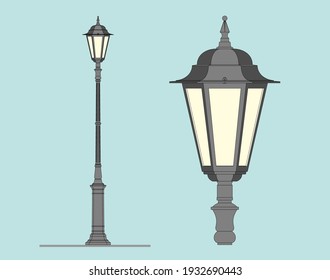 Classic street lamp. Outdoor lighting of a city. Urban design. Design of parks and squares. Garden lamps. Modern architecture. Luxury landscape design. Lamp post project. Industrial sketch. Vector.