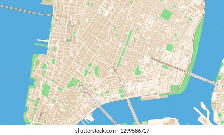 Classic streetmap of Manhattan, New York City. This classic colored map of Manhattan contains several shapes for highways, bigger and smaller streets, water and parks as well as buildings.