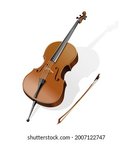 Classic stringed musical instrument - contrabass. Double bass and bow. Vector illustration