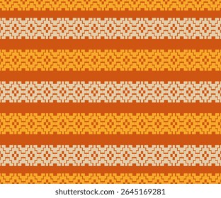 Classic stripe layout with alternating pixelated ikat motifs in orange gradients. A timeless summer-inspired tribal look.
