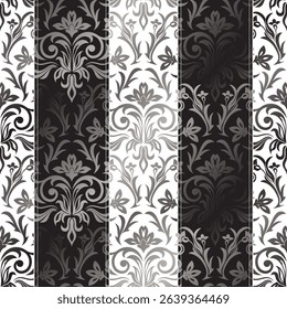 Classic striped damask pattern in black white and grey for bold and elegant wallpaper. luxury backgrounds or textiles. Vector, illustration