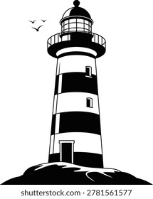 Classic Striped Lighthouse Silhouette on a Rocky Shore with Seagulls for Maritime Safety and Coastal Navigation Graphic Design