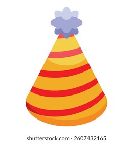 Classic striped party hat, a symbol of fun and celebration, perfect for adding a festive touch to birthday parties and events
