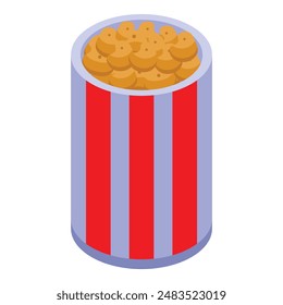 Classic striped popcorn bucket filled with buttery popcorn is waiting for the movie to start