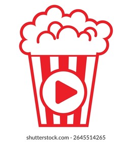 A classic striped popcorn container, commonly associated with movies and entertainment. Popcorn is a popular snack made from a specific type of corn kernel that expand and puffs up when heated.