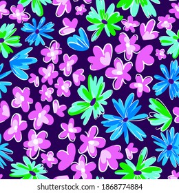 Classic style background with hand drawn daisies. Mixed small and large artistic daisy flower buds ornament. Simple summer botanical background in trendy flat design. For textile, fabric and fashion.
