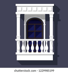 Classic style balcony with balusters, gables and columns. Arched window. Architectural element with built-in shadows. Vector illustration.