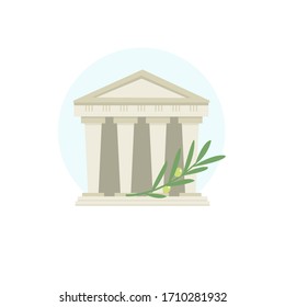 A classic style building. A historic building with columns. Olive branch. Symbols of Greek culture. Logo, sign, trademark