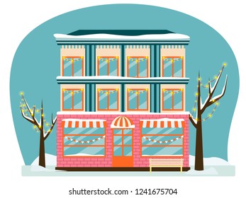 Classic style building with snow and winter background. Vector flat illustration. Facade of a classical building with festive garlands on the windows and winter trees 
