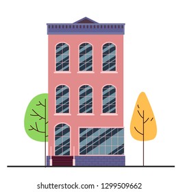 Classic style building with trees. Vector flat illustration. Facade of a classical building isolated on white background. 