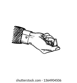 Classic style businessman hand in suit giving gesture holding something bribe or blackmail or holding mock up concept illustration engraved vintage style of vector hand in fist isolated on white 