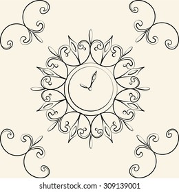 Classic style circular clock with ornaments. Vector