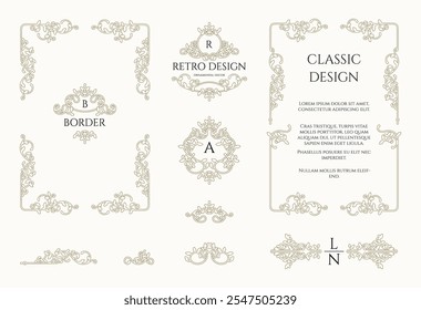 Estilo clássico, padrão ornamental contornado. СColeção de quadros, bordas, monogramas e cantos. 