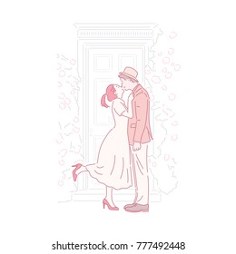 A classic style couple character and simple lines background hand drawn style vector doodle design illustrations.