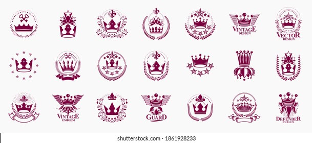 Las coronas de estilo clásico emblemas de grandes dimensiones, antiguos símbolos heráldicos premios y colección de etiquetas, elementos de diseño herálico clásico, emblemas familiares o empresariales con coronetas.