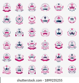 Classic style crowns emblems big set, ancient heraldic symbols awards and labels collection, classical heraldry design elements, family or business emblems with coronets.