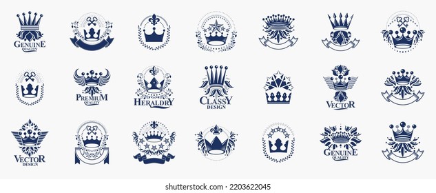 Classic style crowns emblems big set, ancient heraldic symbols awards and labels collection, classical heraldry design elements, family or business emblems with coronets.