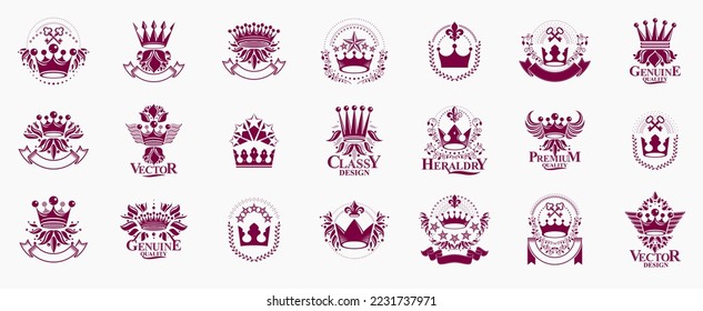 Classic style crowns emblems big set, ancient heraldic symbols awards and labels collection, classical heraldry design elements, family or business emblems with coronets.