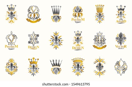 Classic style De Lis and crowns emblems big set, lily flower symbol ancient heraldic awards and labels collection, classical heraldry design elements, family or business emblems.