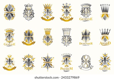 Classic style De Lis and crowns emblems big set, lily flower symbol ancient heraldic awards and labels collection, classical heraldry design elements, family or business emblems.