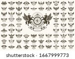 Classic style emblems big set, ancient heraldic symbols awards and labels collection, classical heraldry design elements, family or business emblems.