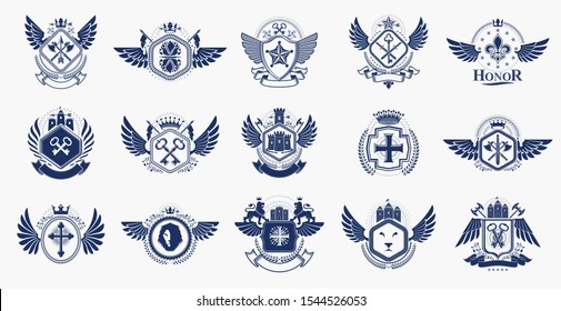 Classic style emblems big set, ancient heraldic symbols awards and labels collection, classical heraldry design elements, family or business emblems.