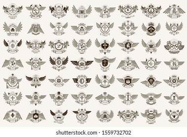 Classic style emblems big set, ancient heraldic symbols awards and labels collection, classical heraldry design elements, family or business emblems.