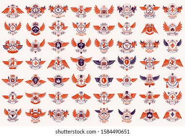 Classic style emblems big set, ancient heraldic symbols awards and labels collection, classical heraldry design elements, family or business emblems.