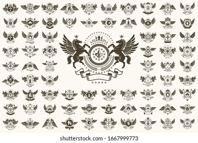Classic style emblems big set, ancient heraldic symbols awards and labels collection, classical heraldry design elements, family or business emblems.