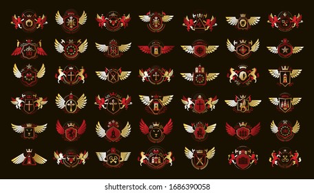 Classic style emblems big set, ancient heraldic symbols awards and labels collection, classical heraldry design elements, family or business emblems.