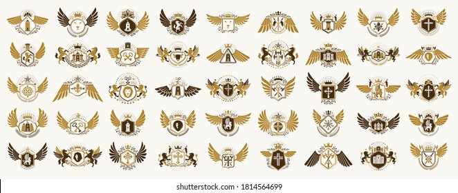 Classic style emblems big set, ancient heraldic symbols awards and labels collection, classical heraldry design elements, family or business emblems.