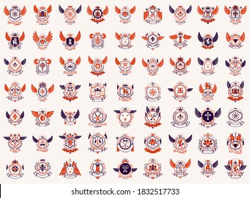 Emblemas de estilo clásico conjunto grande, colección de símbolos heráldicos antiguos, elementos de diseño heráldico clásico, emblemas familiares o empresariales.