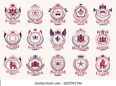 Classic style emblems big set, ancient heraldic symbols awards and labels collection, classical heraldry design elements, family or business emblems.