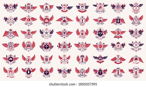 Emblemas de estilo clásico conjunto grande, colección de símbolos heráldicos antiguos, elementos de diseño heráldico clásico, emblemas familiares o empresariales.