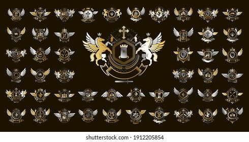 Classic style emblems big set, ancient heraldic symbols awards and labels collection, classical heraldry design elements, family or business emblems.