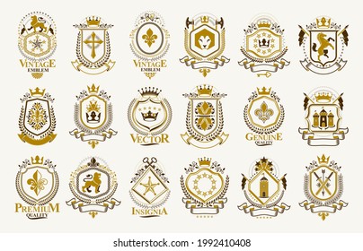 Klassische Stilembleme mit großem Set, antike heraldische Symbolpreise und Labelsammlung, klassische heraltrockene Design-Elemente, Familien- oder Firmenzeichen.