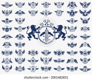 Classic style emblems big set, ancient heraldic symbols awards and labels collection, classical heraldry design elements, family or business emblems.