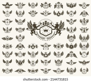Emblemas de estilo clásico conjunto grande, colección de símbolos heráldicos antiguos, elementos de diseño heráldico clásico, emblemas familiares o empresariales.