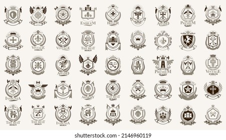 Classic Style Emblems Big Set, Ancient Heraldic Symbols Awards And Labels Collection, Classical Heraldry Design Elements, Family Or Business Emblems.