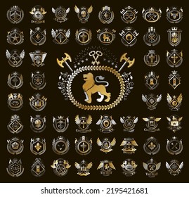 Emblemas de estilo clásico conjunto grande, colección de símbolos heráldicos antiguos, elementos de diseño heráldico clásico, emblemas familiares o empresariales.