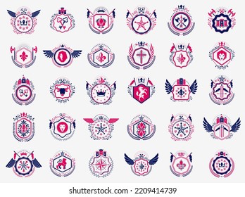 Klassische Stilembleme mit großem Set, antike heraldische Symbolpreise und Labelsammlung, klassische heraltrockene Design-Elemente, Familien- oder Firmenzeichen.