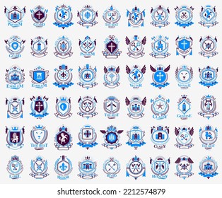 Classic style emblems big set, ancient heraldic symbols awards and labels collection, classical heraldry design elements, family or business emblems.