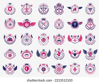 Classic style emblems big set, ancient heraldic symbols awards and labels collection, classical heraldry design elements, family or business emblems.