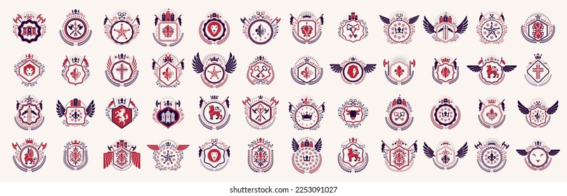 Classic style emblems big set, ancient heraldic symbols awards and labels collection, classical heraldry design elements, family or business emblems.