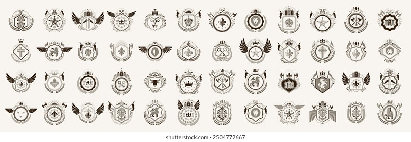 Classic style emblems big set, ancient heraldic symbols awards and labels collection, classical heraldry design elements, family or business emblems.
