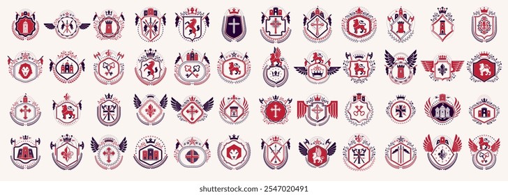 Embleme im klassischen Stil mit großem Set, alte heraldische Symbole, Auszeichnungen und Labels, klassische heraldische Designelemente, Familien- oder Geschäftsembleme.