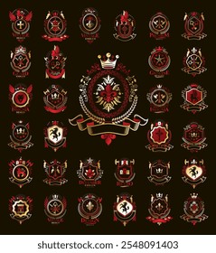 Conjunto grande de emblemas de estilo clásico, símbolos heráldicos antiguos, premios y sellos de colección, Elementos de diseño heráldicos clásicos, emblemas familiares o empresariales.