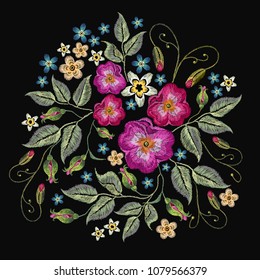 Embroidery Wild Roses Dogrose Flowers Vector Stock Vector (Royalty Free ...